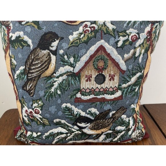 Tapestry Throw Accent Pillow 18”Christmas Chickadee  Mohawk Home Holly Snow Vtg - Picture 2 of 14